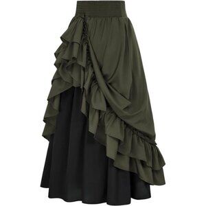 Women Renaissance Long Double-Layer Ruffle Skirt Green